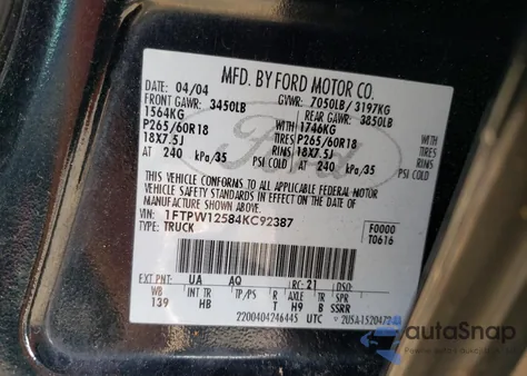 2004 Ford F150 Supercrew z USA, uszkodzony, nr VIN 1FTPW12584KC92387